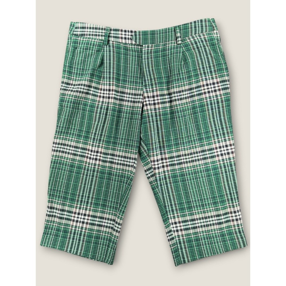 Free People Green Plaid Cropped Wide Leg Pleated Trousers Pants Size 4‎